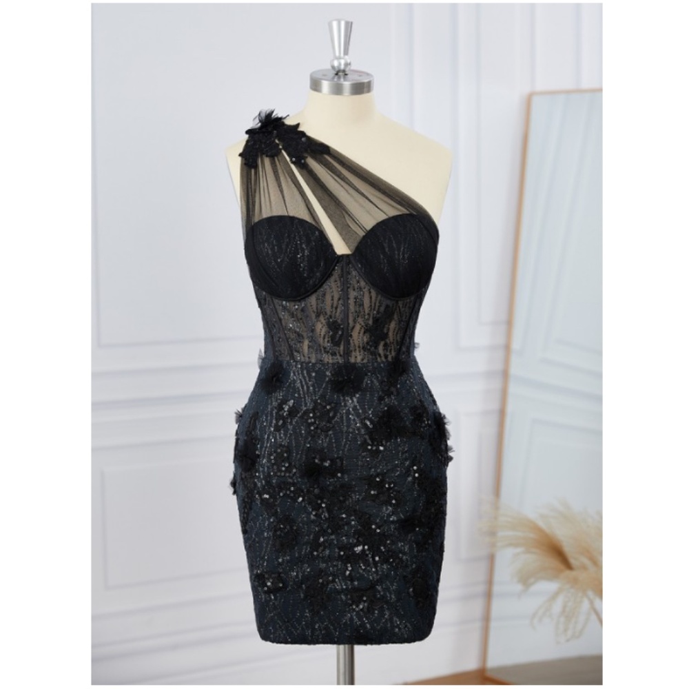 Sheath Tulle One-Shoulder Lace Corset Mini Dress